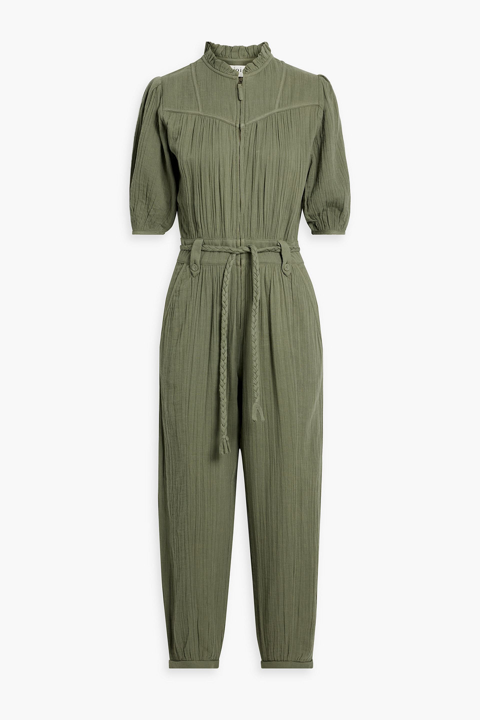 Joie Loomis Cropped Gathered Cotton-gauze Jumpsuit In Army Green
