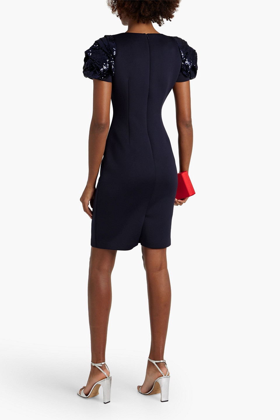 Badgley Mischka Sequin-embellished Tulle-paneled Woven Mini Dress In Navy