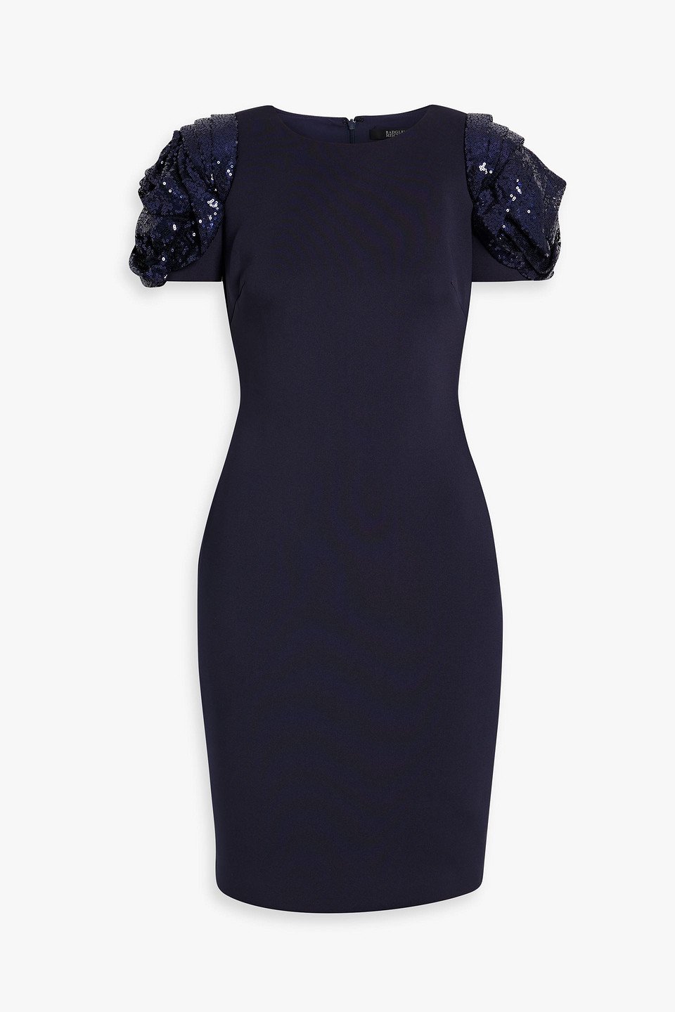 Badgley Mischka Sequin-embellished Tulle-paneled Woven Mini Dress In Navy