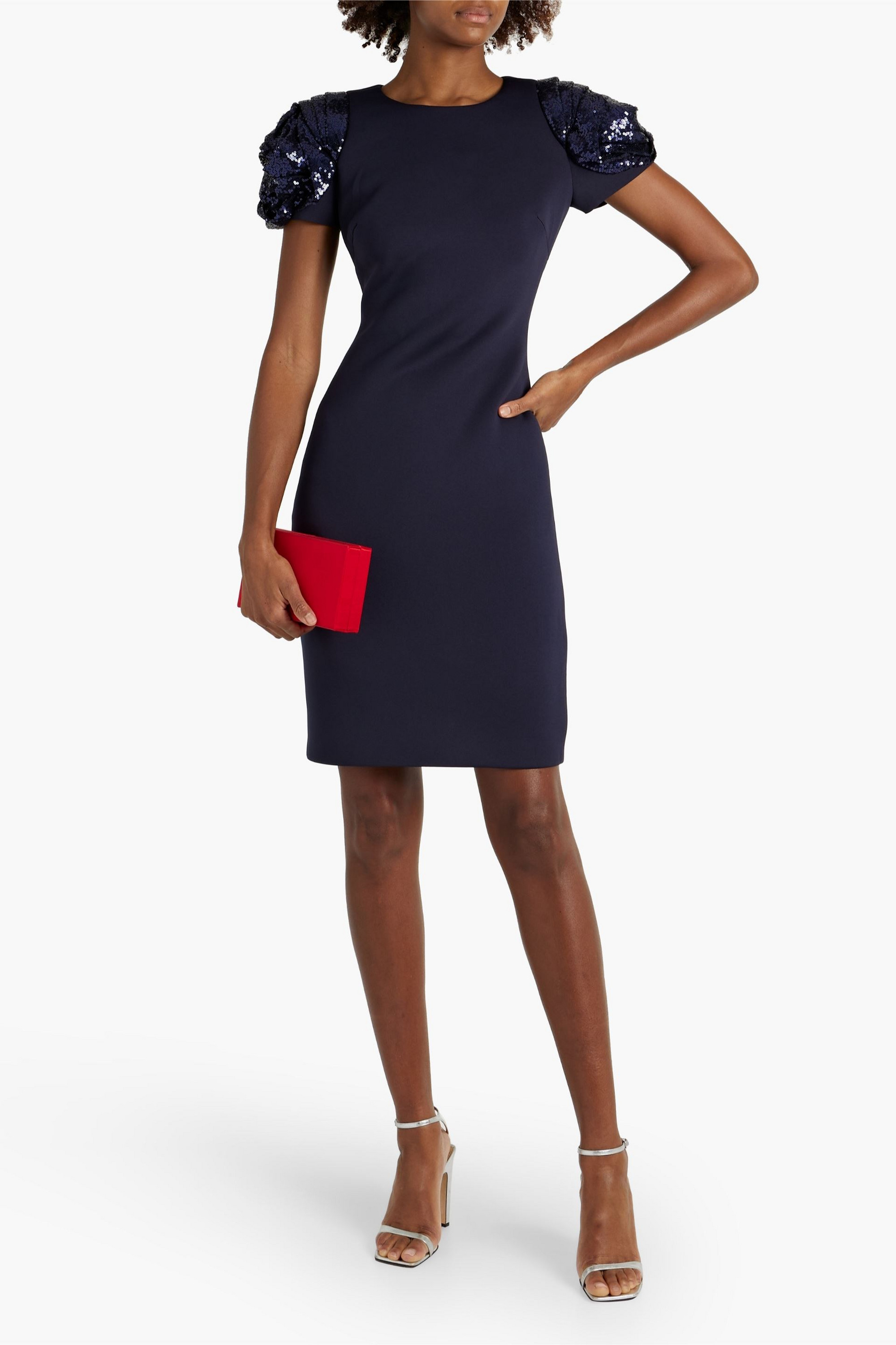 Badgley Mischka Sequin-embellished tulle-paneled scuba mini dress