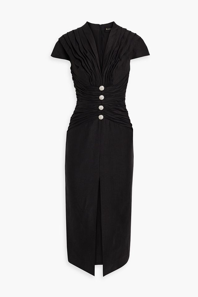 Button-embellished pleated linen-blend midi dress