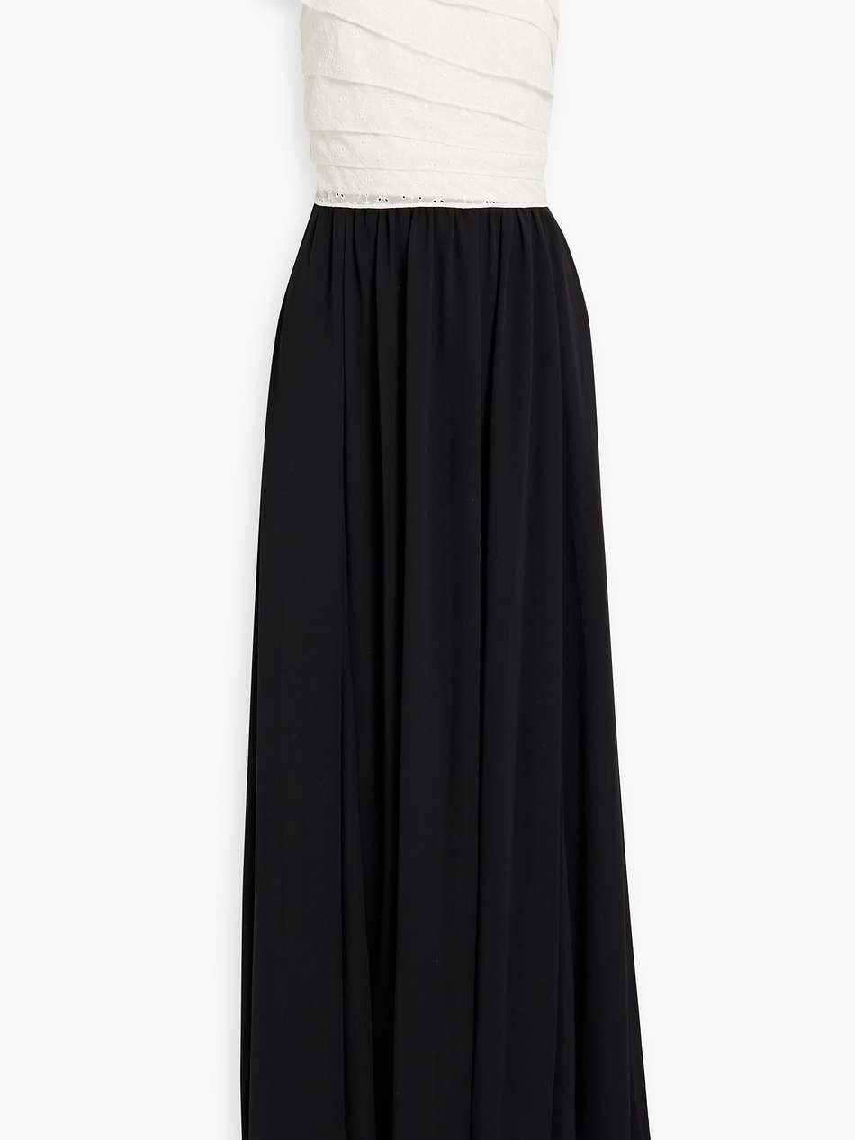 one-shoulder ruffled broderie anglaise and chiffon gown