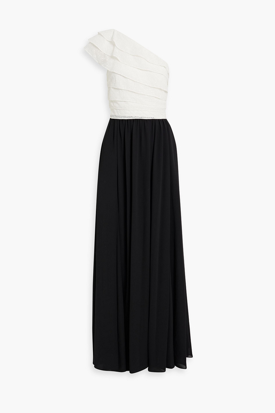 One-shoulder ruffled broderie anglaise and chiffon gown