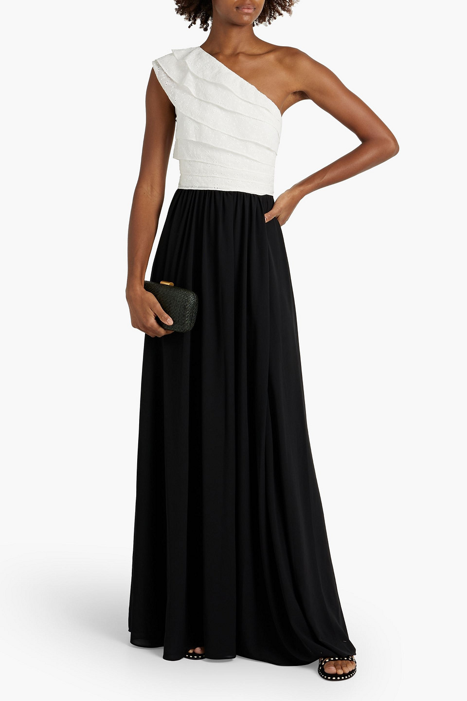 Shop Mikael Aghal One-shoulder Ruffled Broderie Anglaise And Chiffon Gown In Black