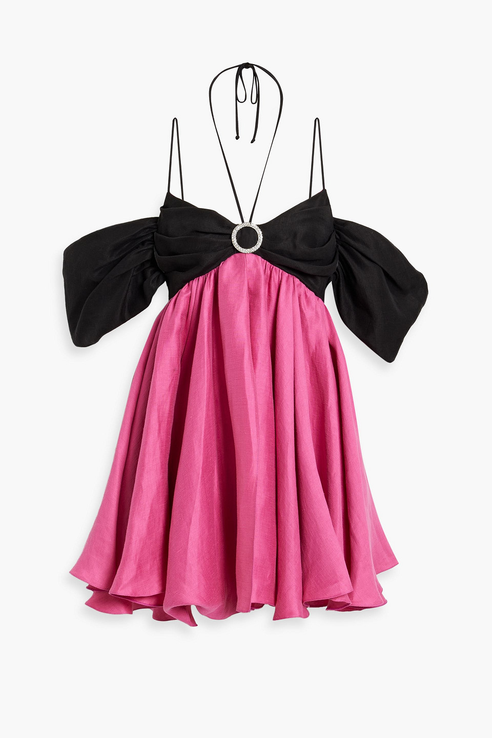 Rasario Cold-shoulder Embellished Two-tone Linen-blend Mini Dress In Pink |  ModeSens
