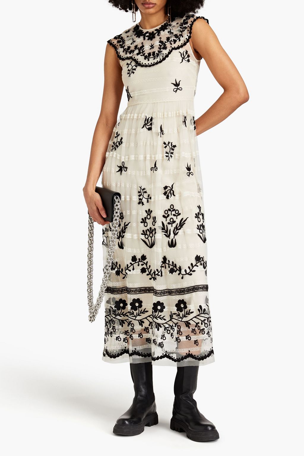 REDVALENTINO Gathered embroidered tulle midi dress