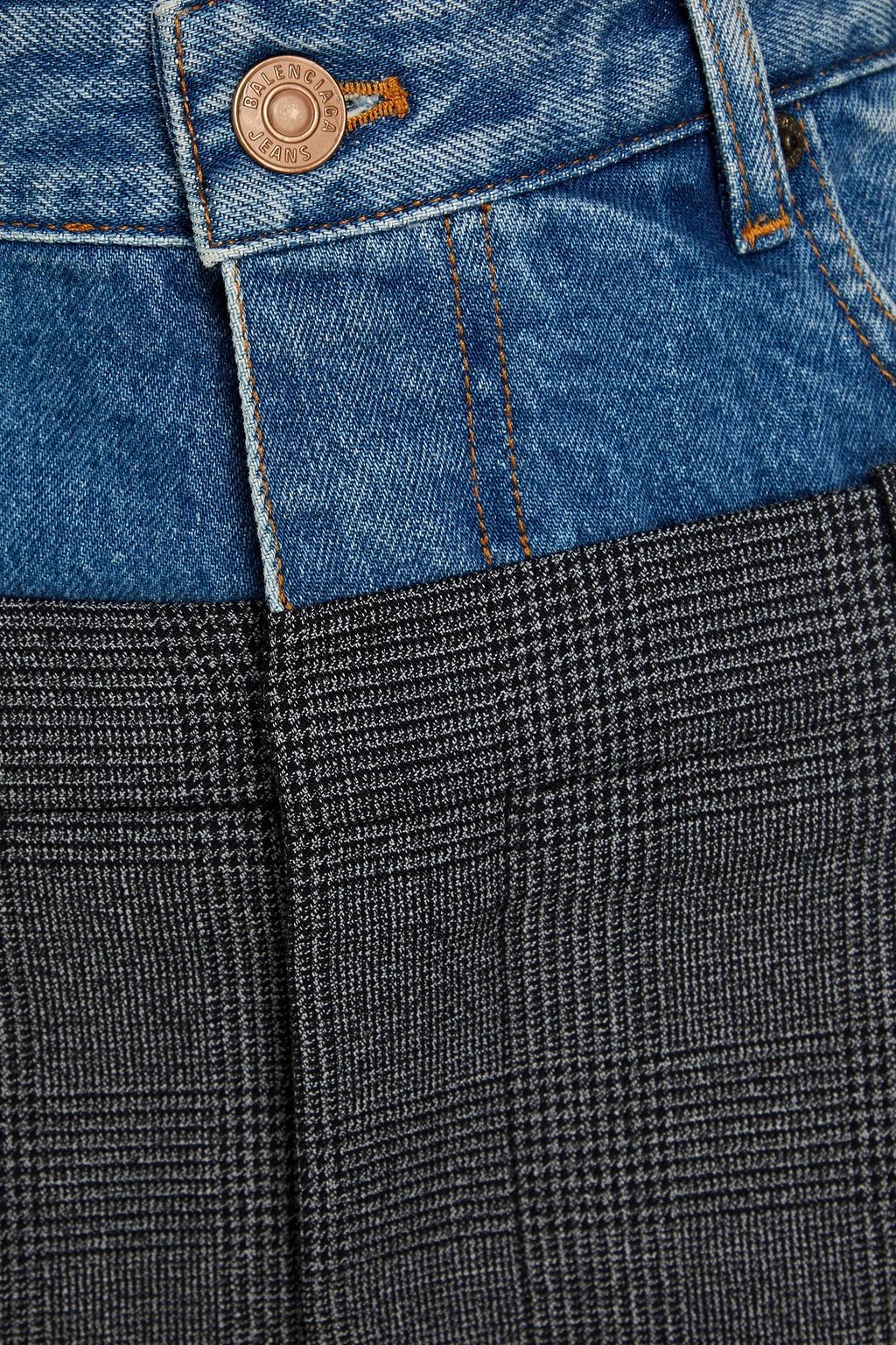 BALENCIAGA Denim-paneled Price of Wales checked wool-tweed midi skirt