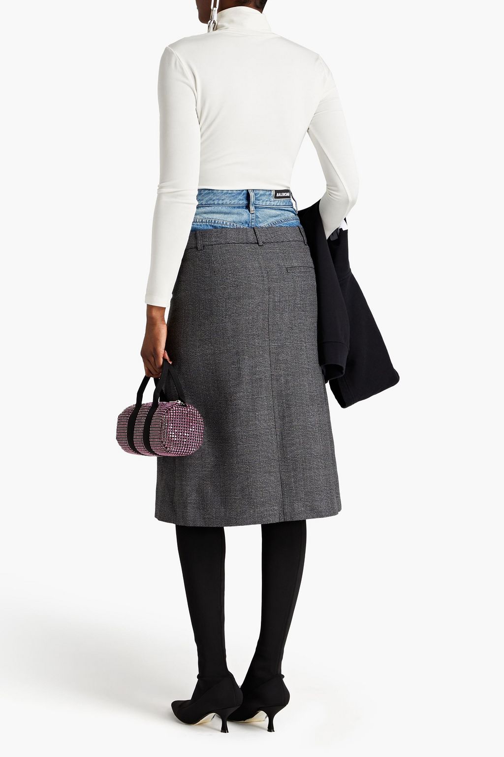 BALENCIAGA Denim-paneled Price of Wales checked wool-tweed midi skirt