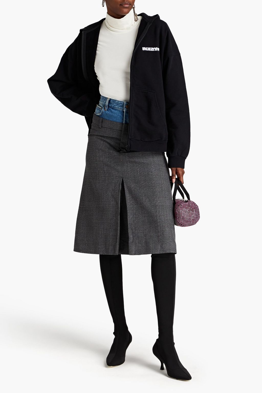 BALENCIAGA Denim-paneled Price of Wales checked wool-tweed midi skirt