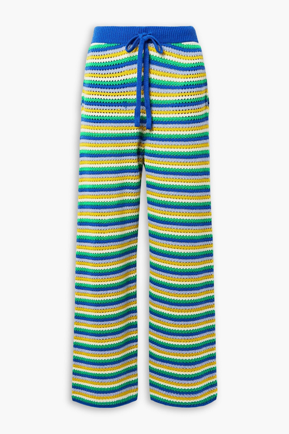 The Elder Statesman Striped Open-knit Cashmere Straight-leg Pants In Green