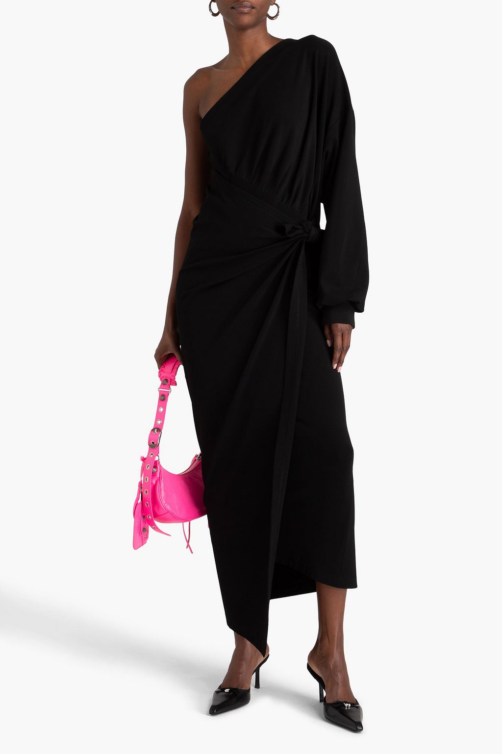 BALENCIAGA One-shoulder gathered stretch-jersey midi wrap dress