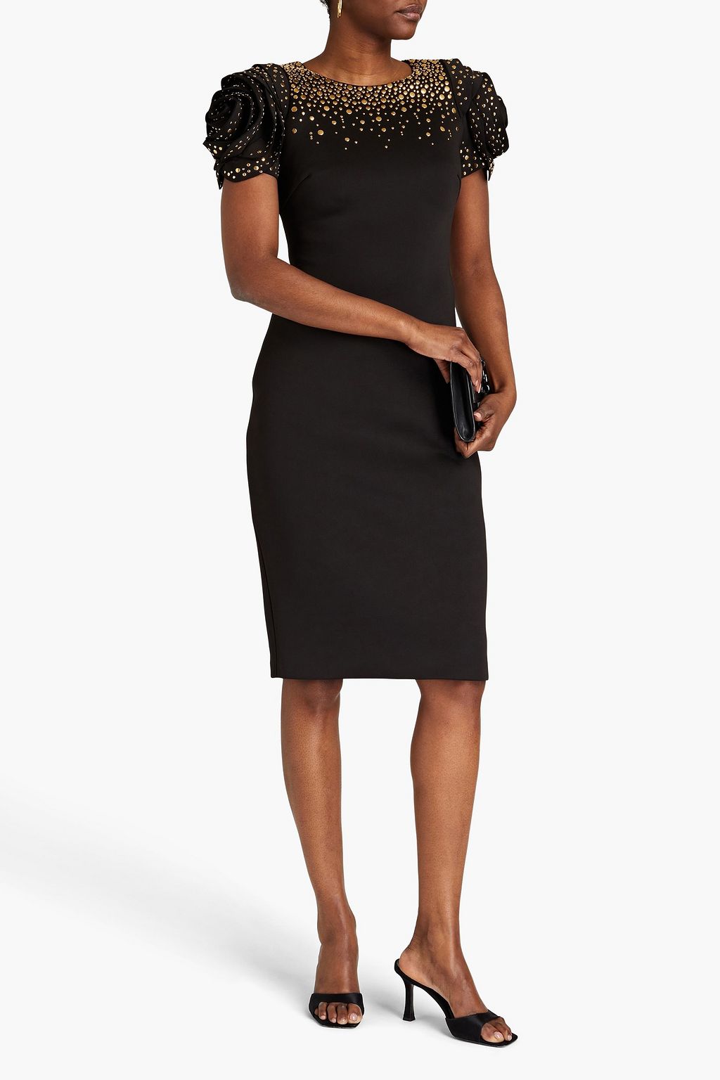 BADGLEY MISCHKA Studded ruffled scuba dress