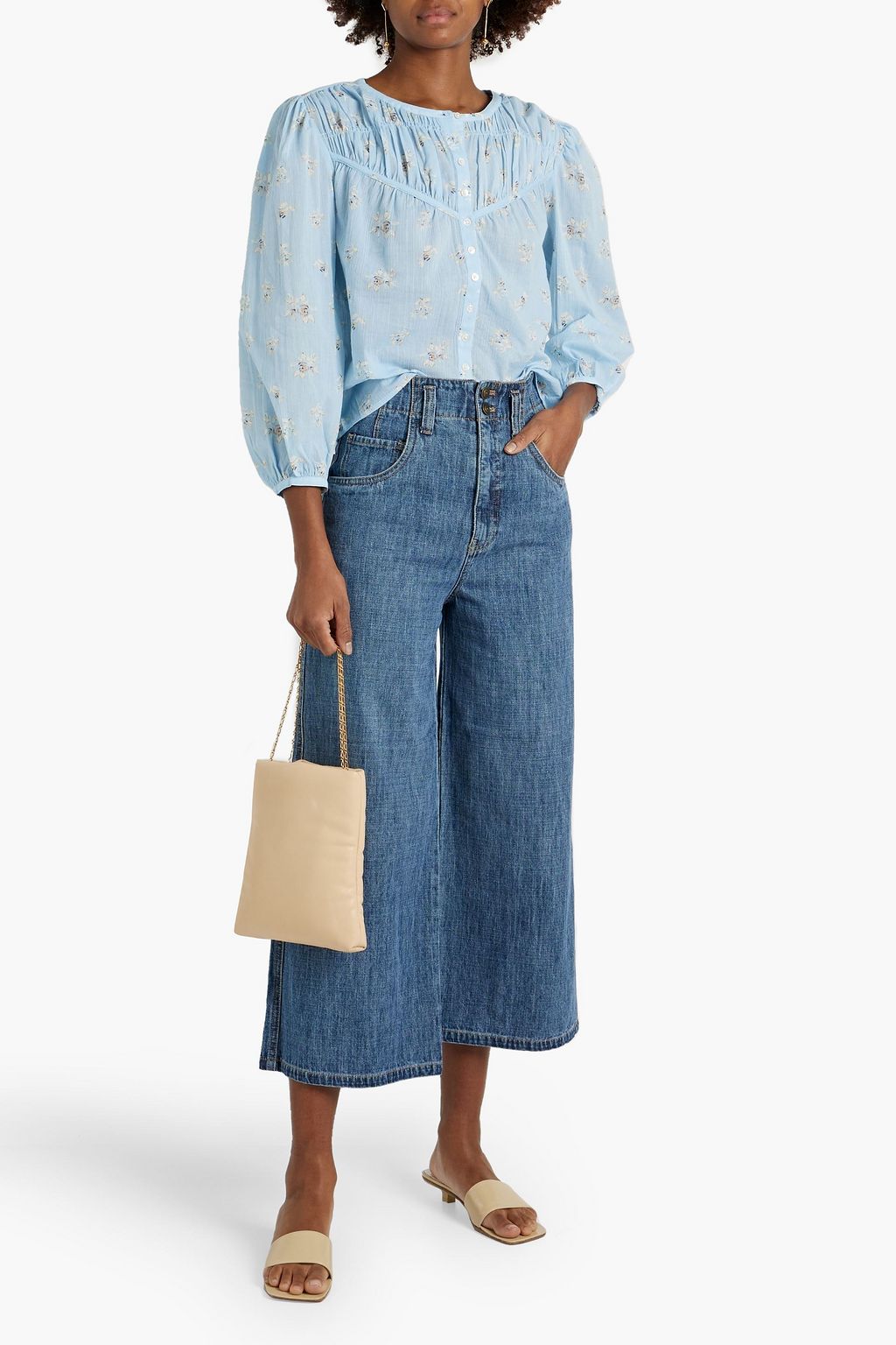 JOIE Shirred gathered floral-print cotton blouse