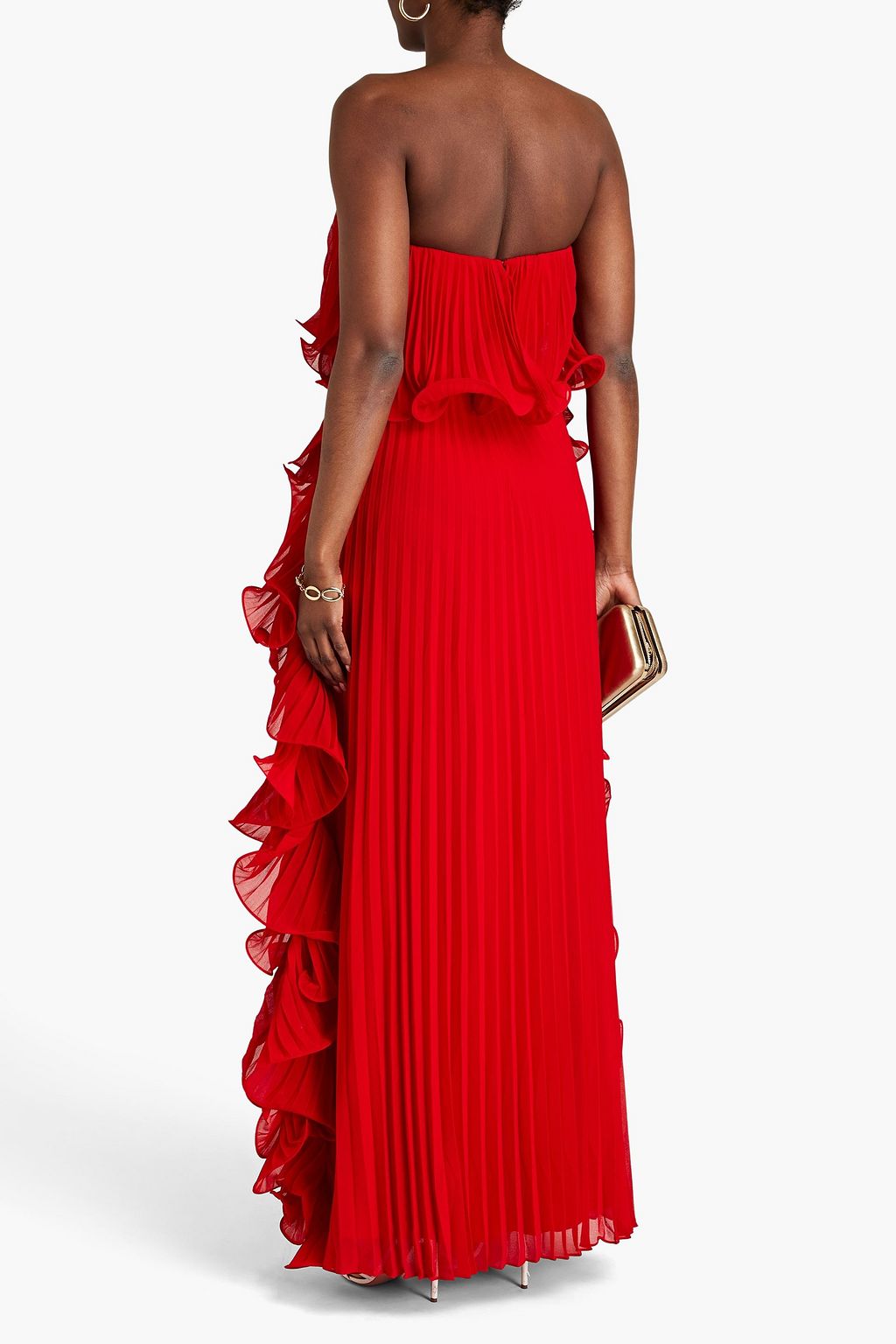 BADGLEY MISCHKA فستان سهرة بدون حمالات من الجورجيت بتصميم مكشكش وتجعيدات رفيعة