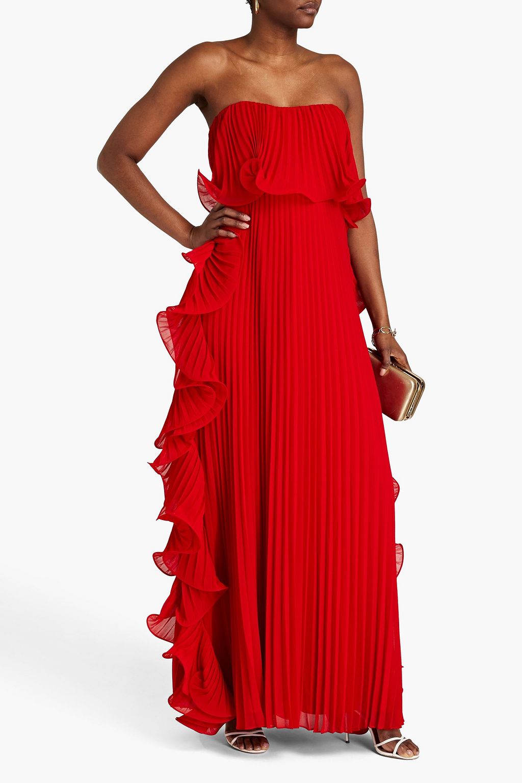 BADGLEY MISCHKA فستان سهرة بدون حمالات من الجورجيت بتصميم مكشكش وتجعيدات رفيعة