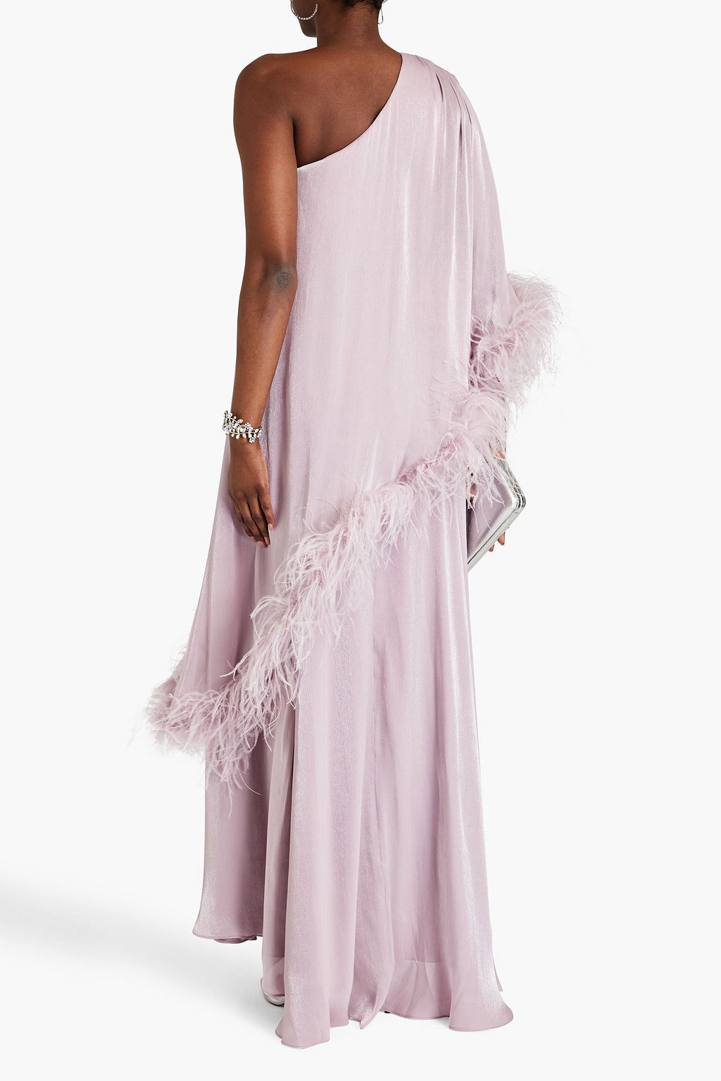 BADGLEY MISCHKA One-shoulder feather-trimmed metallic crepon gown