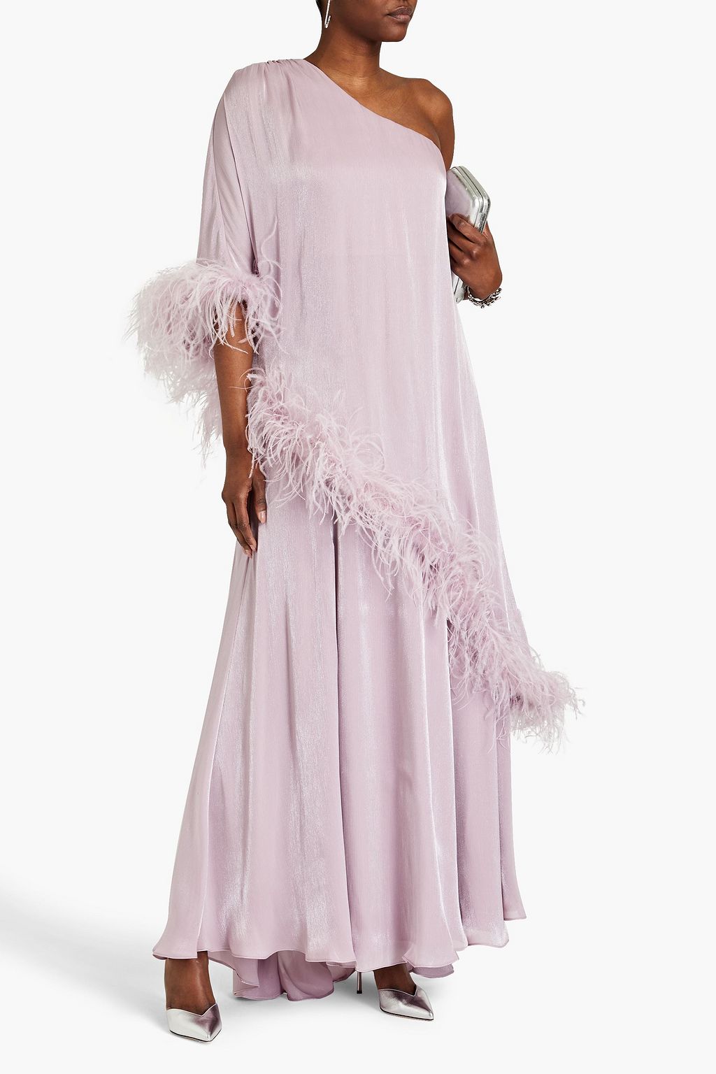 BADGLEY MISCHKA One-shoulder feather-trimmed metallic crepon gown