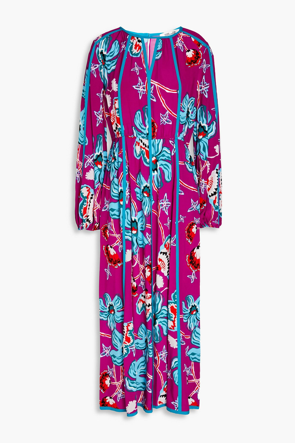 Diane Von Furstenberg Cutout Pleated Floral-print Satin Midi Shirt Dress In Fuchsia