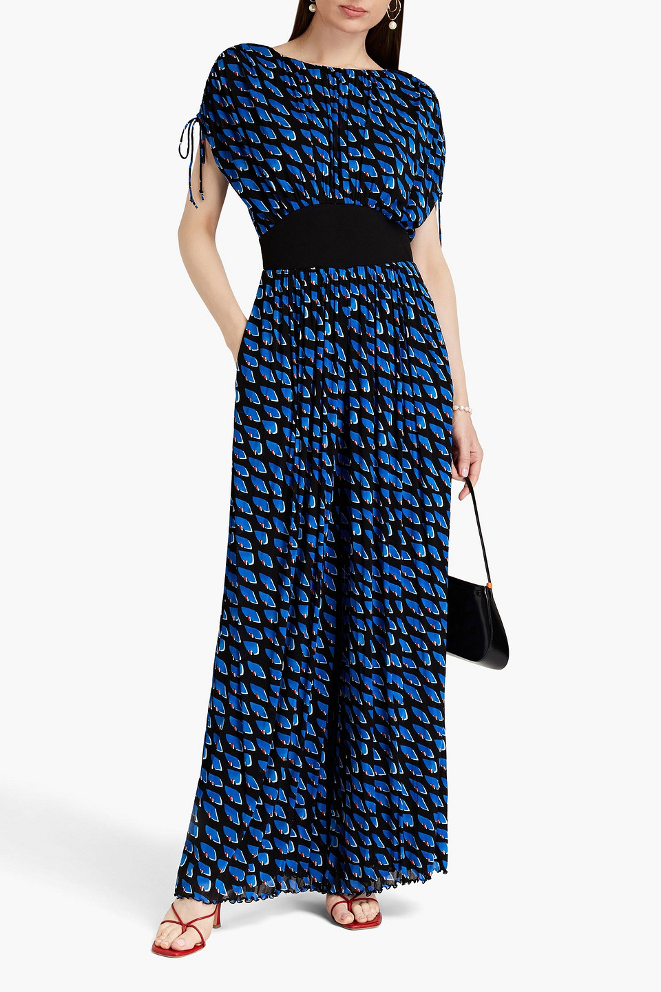 Shop Diane Von Furstenberg Andra Printed Stretch-mesh Wide-leg Jumpsuit In Indigo