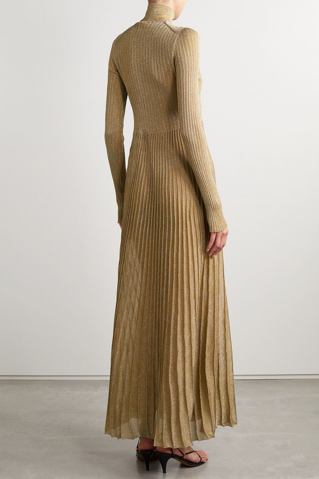KHAITE Jupiter pleated metallic knitted maxi dress