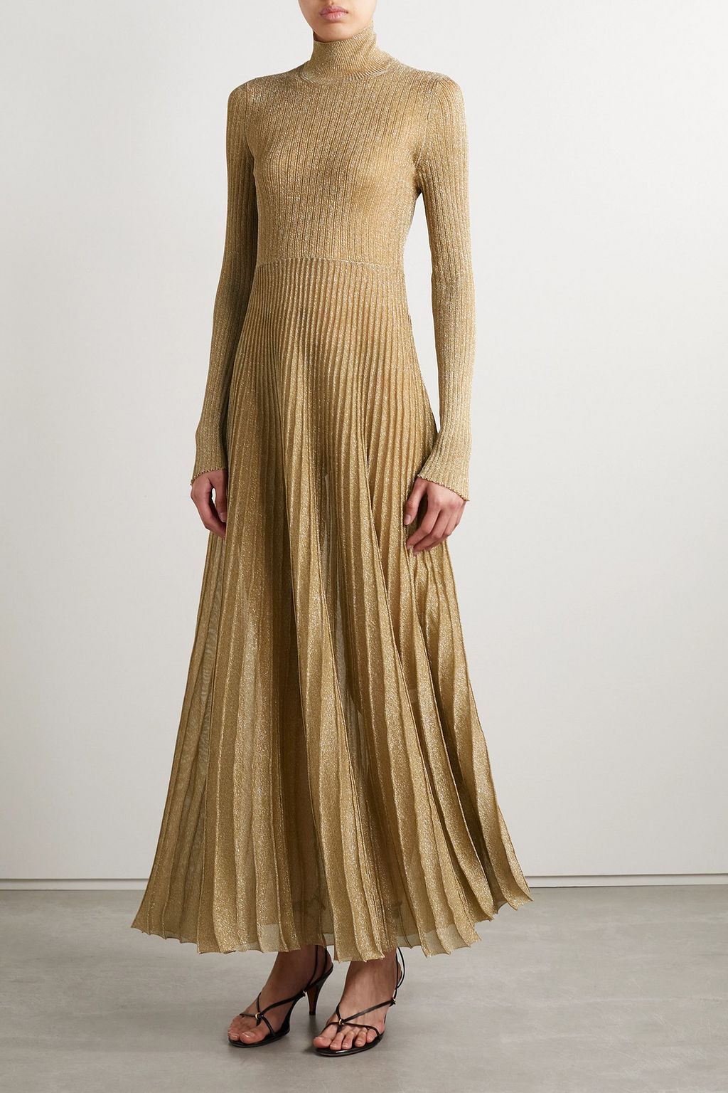 KHAITE Jupiter pleated metallic knitted maxi dress