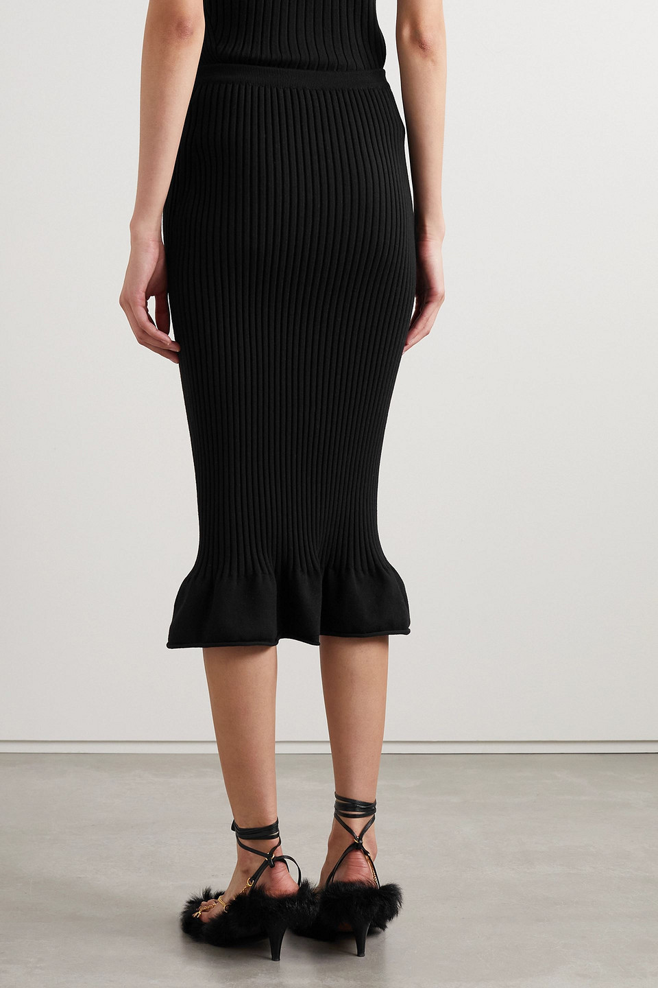 Shop Khaite Sapphi Ribbed Wool-blend Midi Skirt In Black