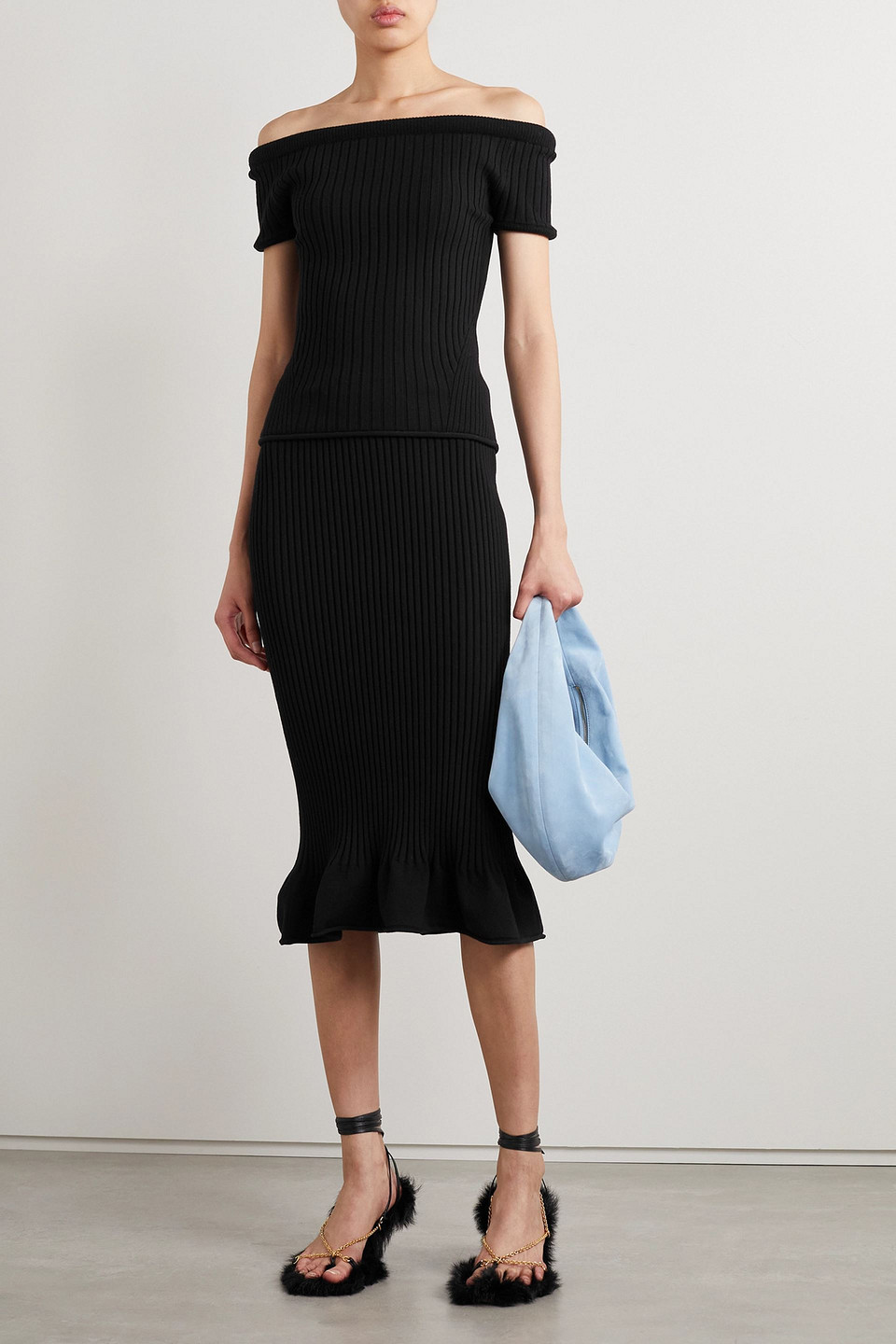 Shop Khaite Sapphi Ribbed Wool-blend Midi Skirt In Black