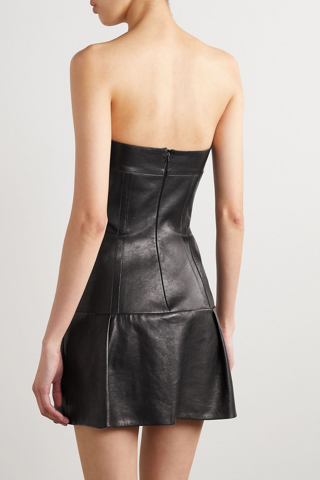 KHAITE Beryn strapless pleated leather mini dress