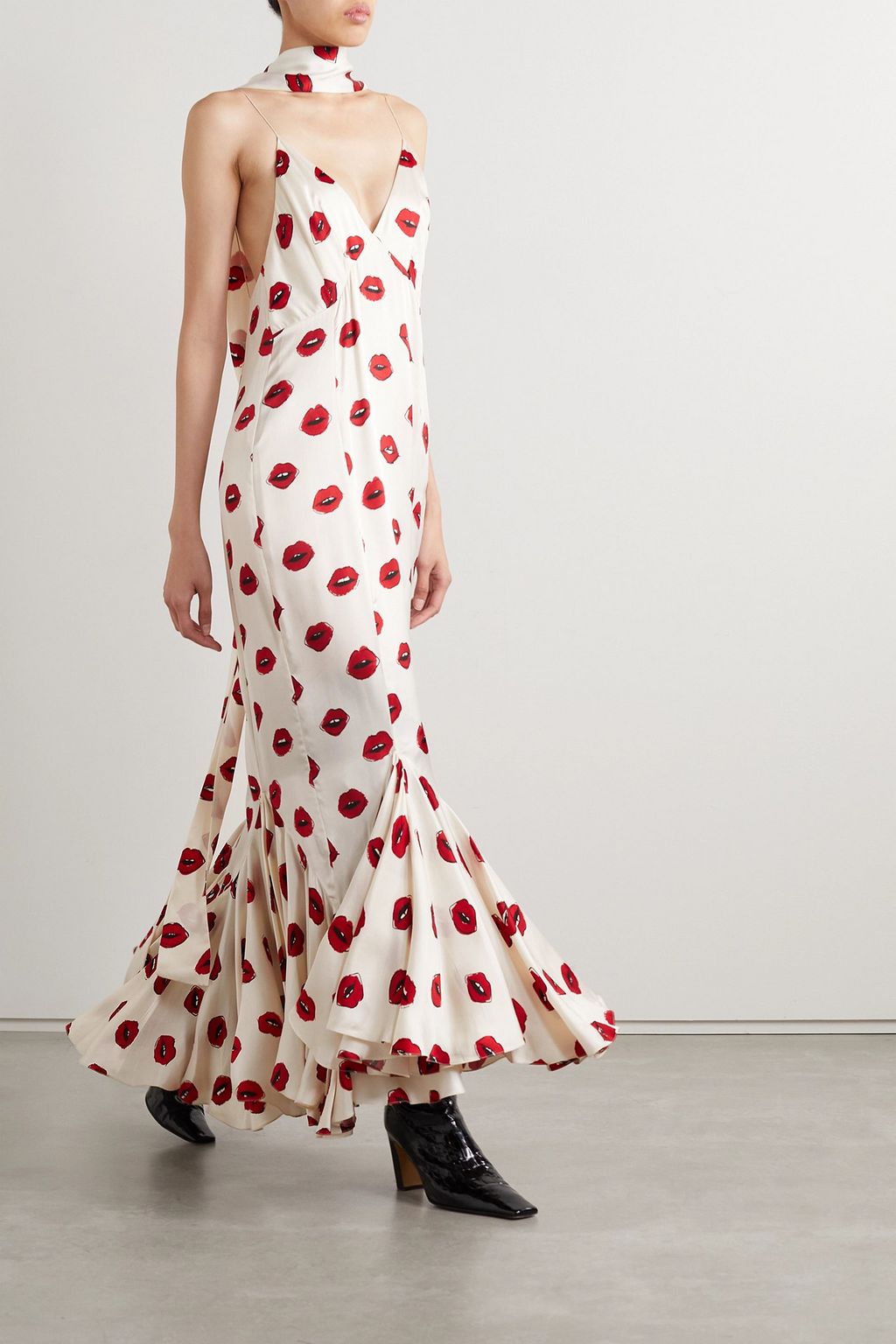 KHAITE Candita scarf-detailed gathered printed cupro maxi dress