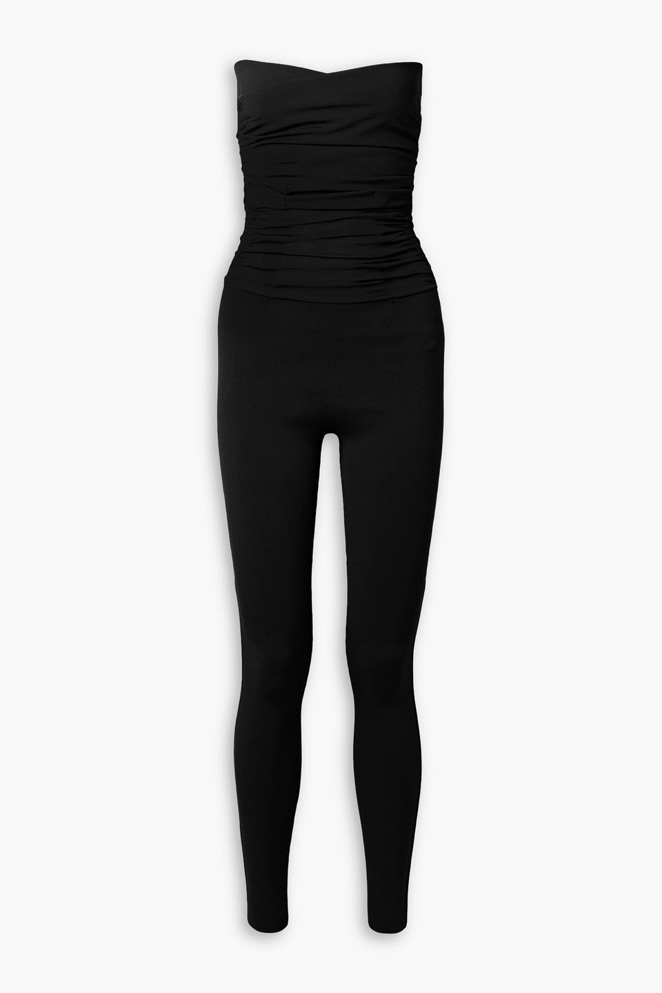 Khaite Tela Strapless Ruched Stretch-knit Jumpsuit In Black