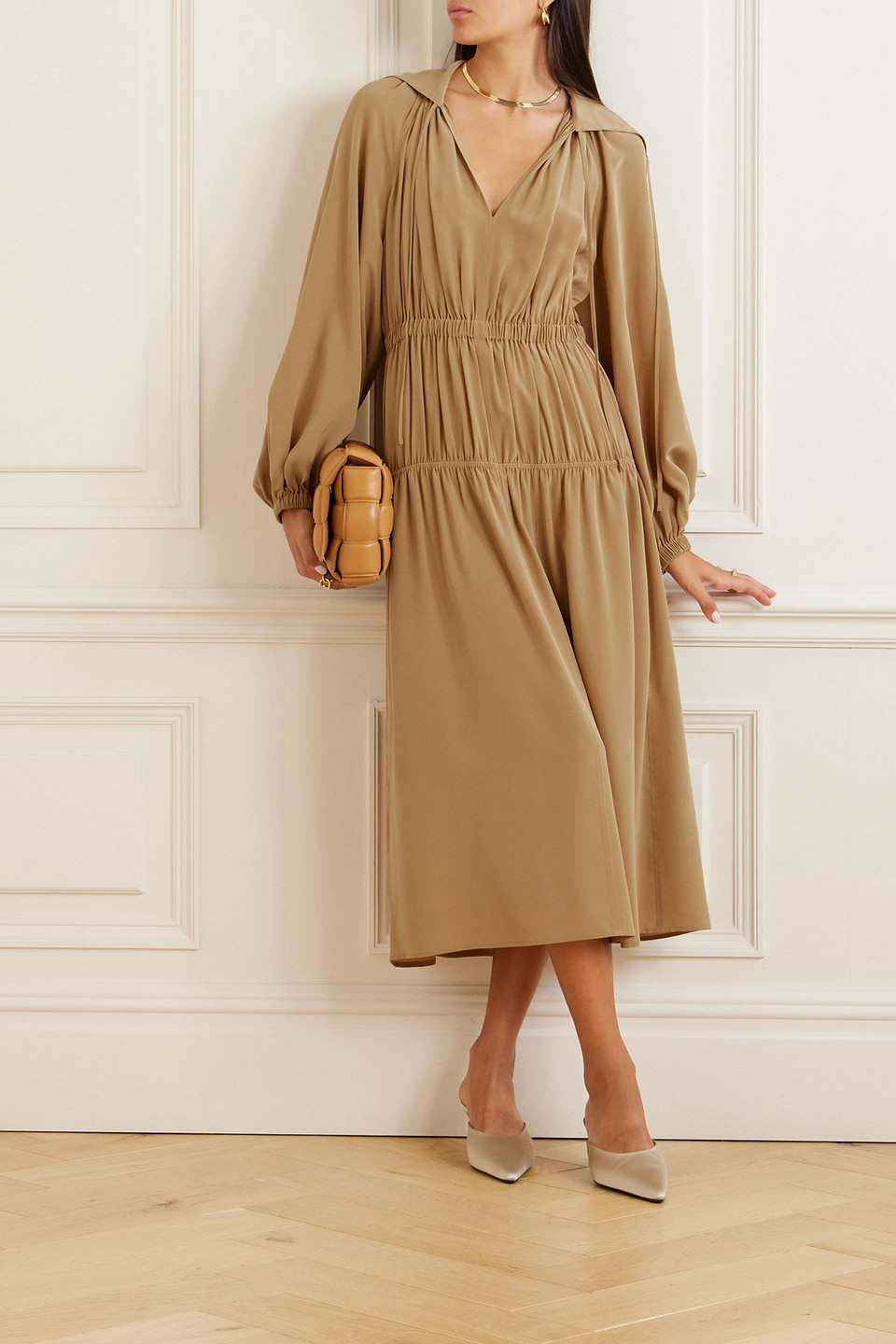 JOSEPH DRYDEN GATHERED SILK-CREPE MIDI DRESS