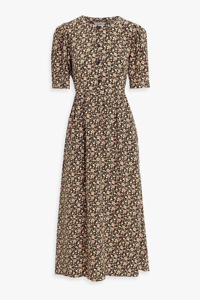 Pearl gathered floral-print silk crepe de chine midi dress