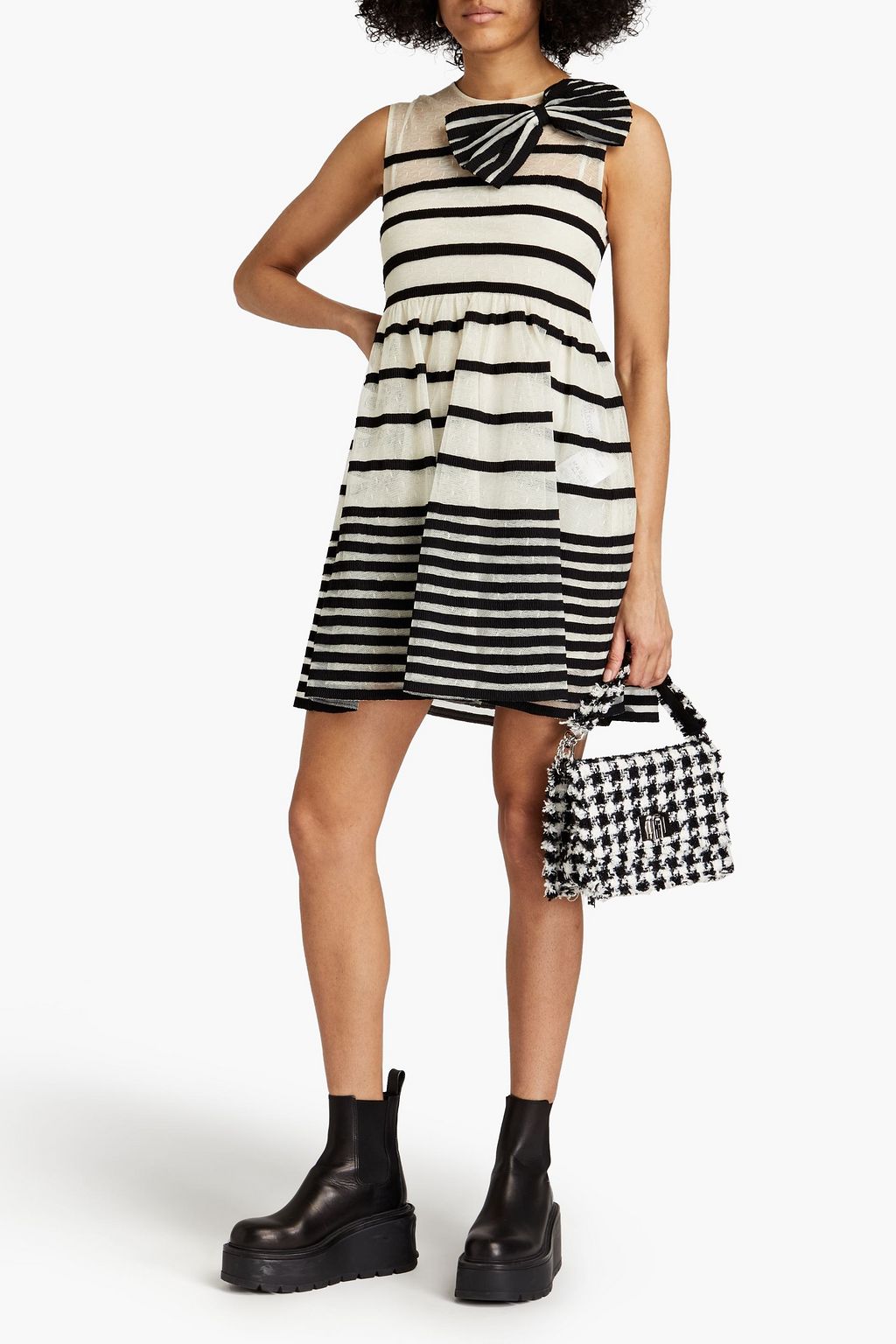 REDVALENTINO Bow-embellished striped point d'esprit mini dress