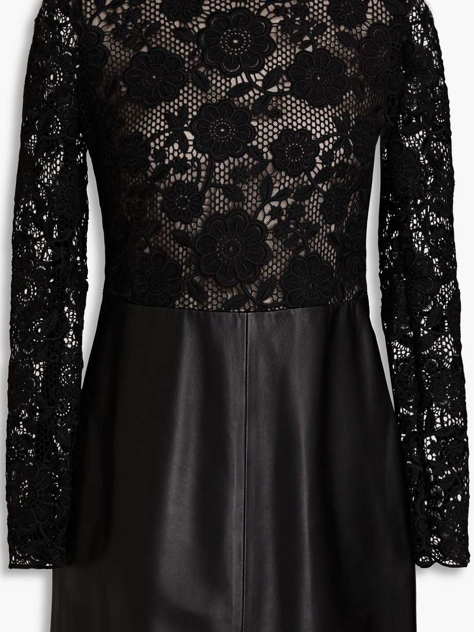 guipure lace-paneled leather mini dress