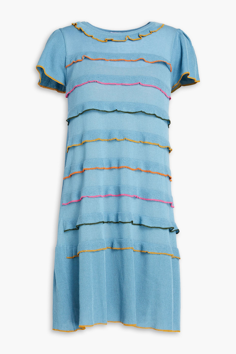 Red Valentino Ruffled Ribbed Cotton Mini Dress In Light Blue