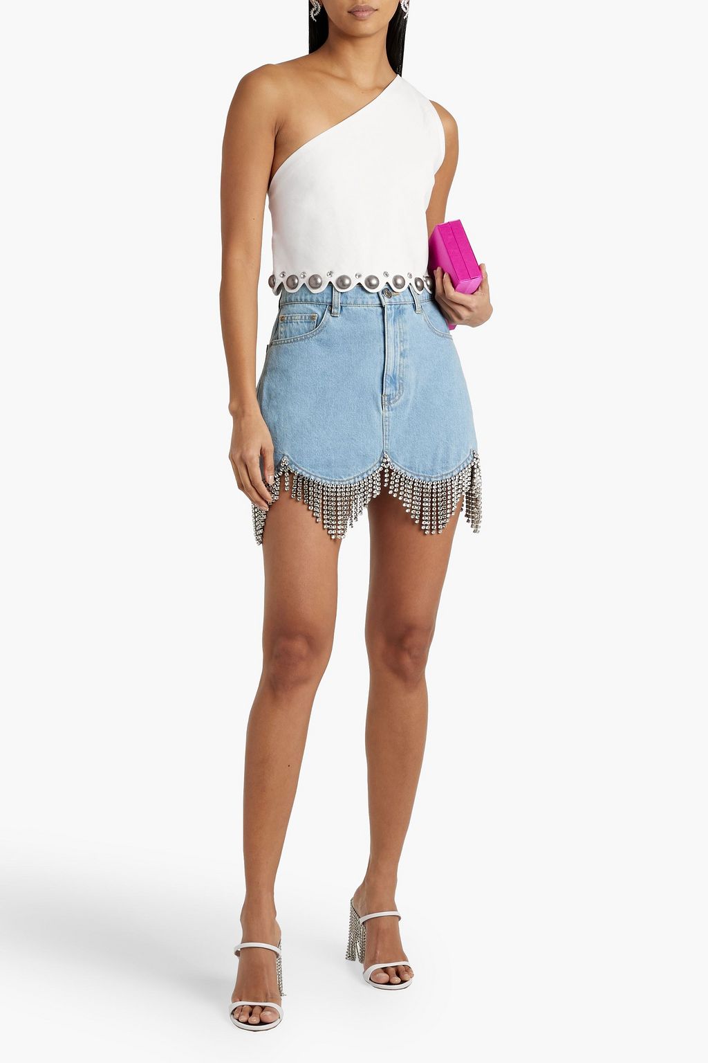 AREA Cropped one-shoulder embellished jersey top