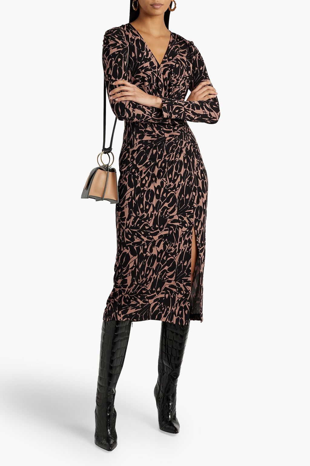 DIANE VON FURSTENBERG 드레이프 디테일 프린트 저지 미디 드레스