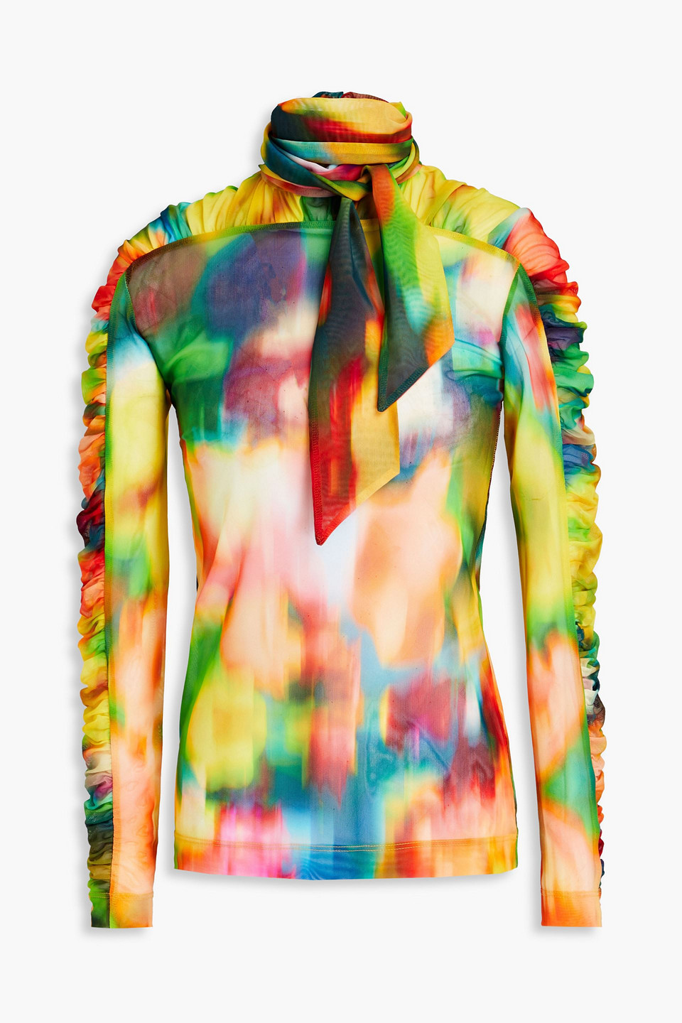 Dries Van Noten Ruched Printed Mesh Turtleneck Top In Yellow