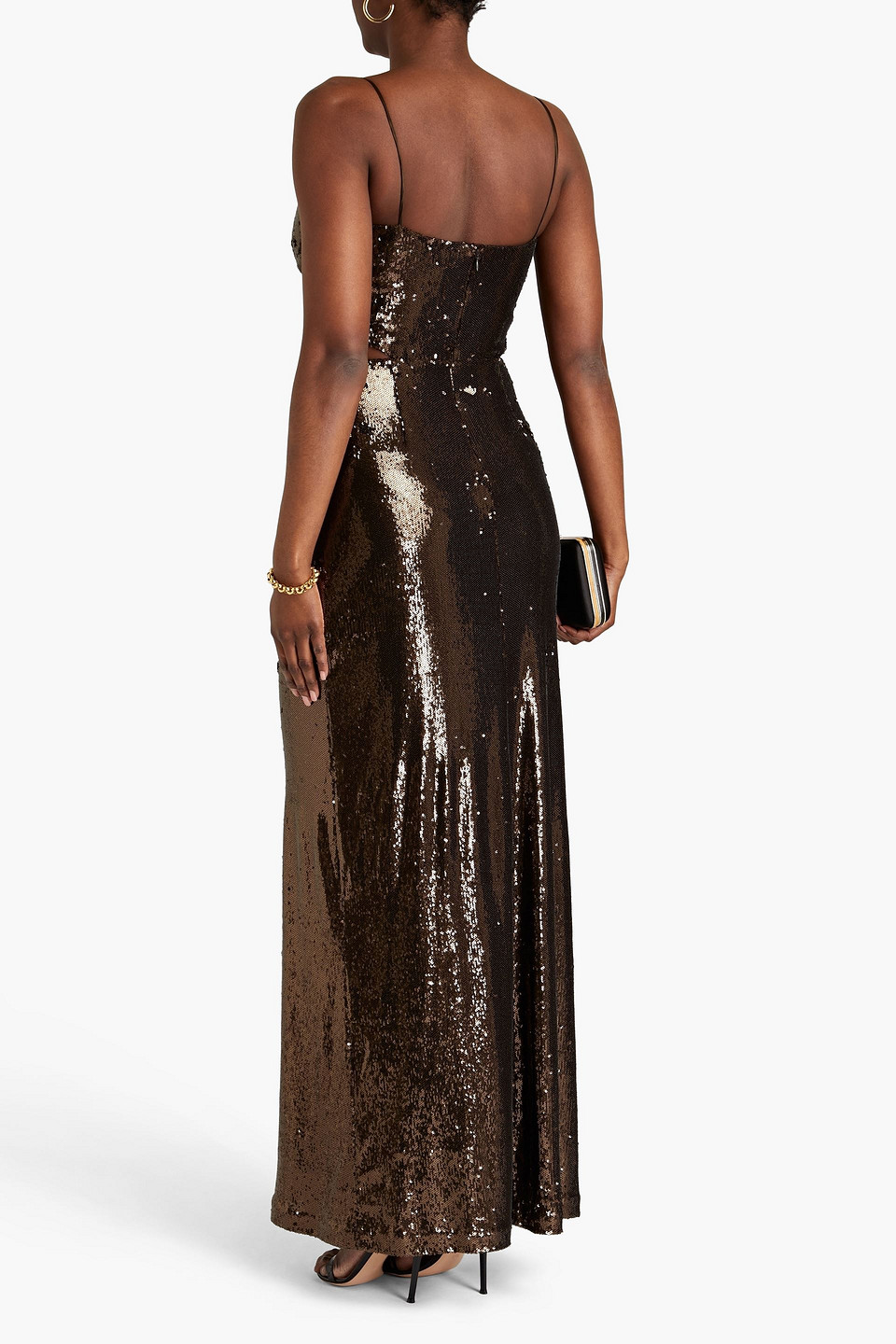 Shop Halston Chloe Cutout Sequined Tulle Gown In Bronze