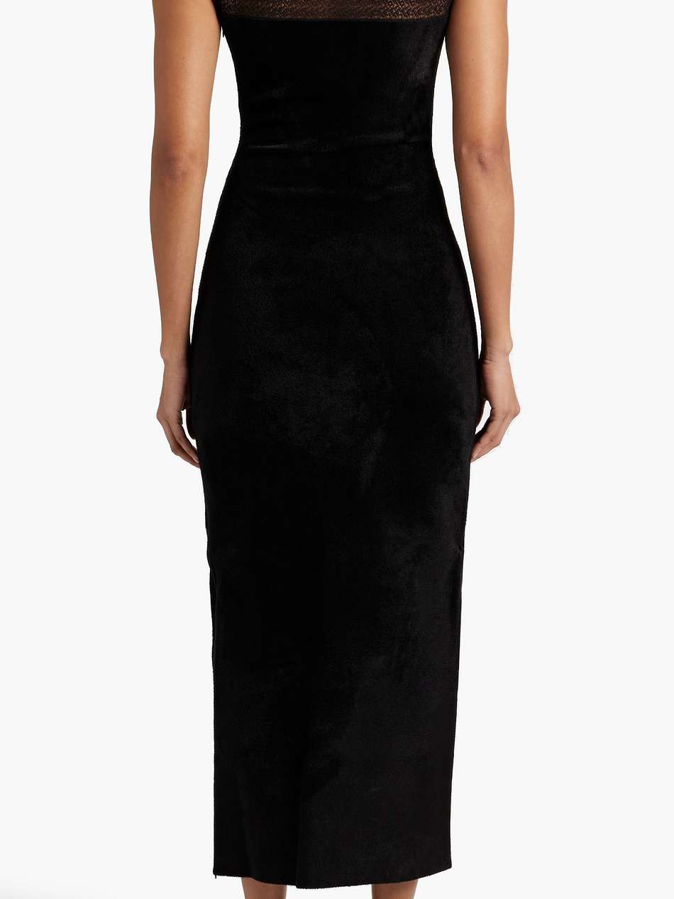 crochet knit-paneled faux stretch-suede midi dress