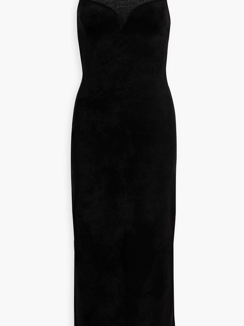 crochet knit-paneled faux stretch-suede midi dress