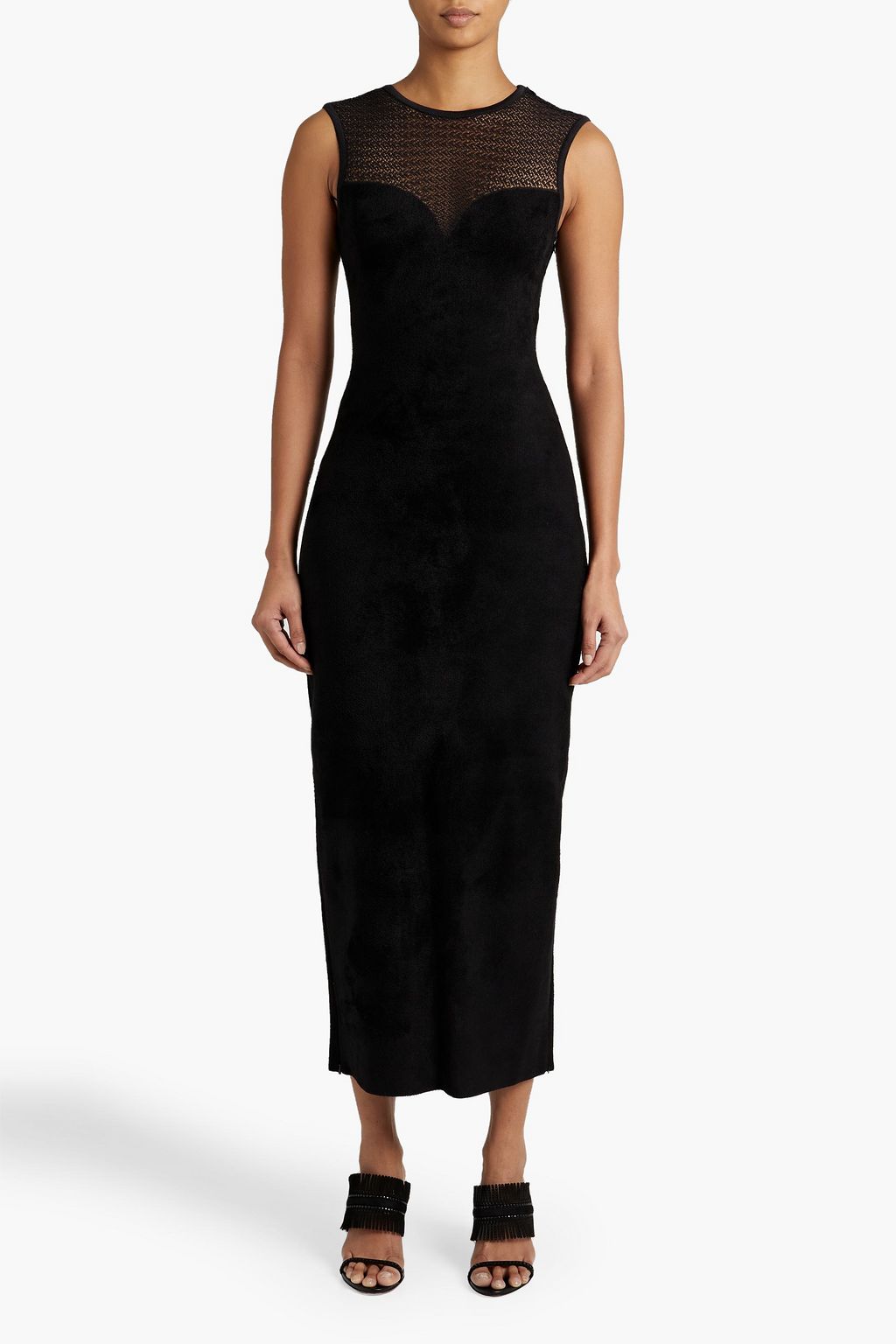 ALAÏA Crochet knit-paneled faux stretch-suede midi dress