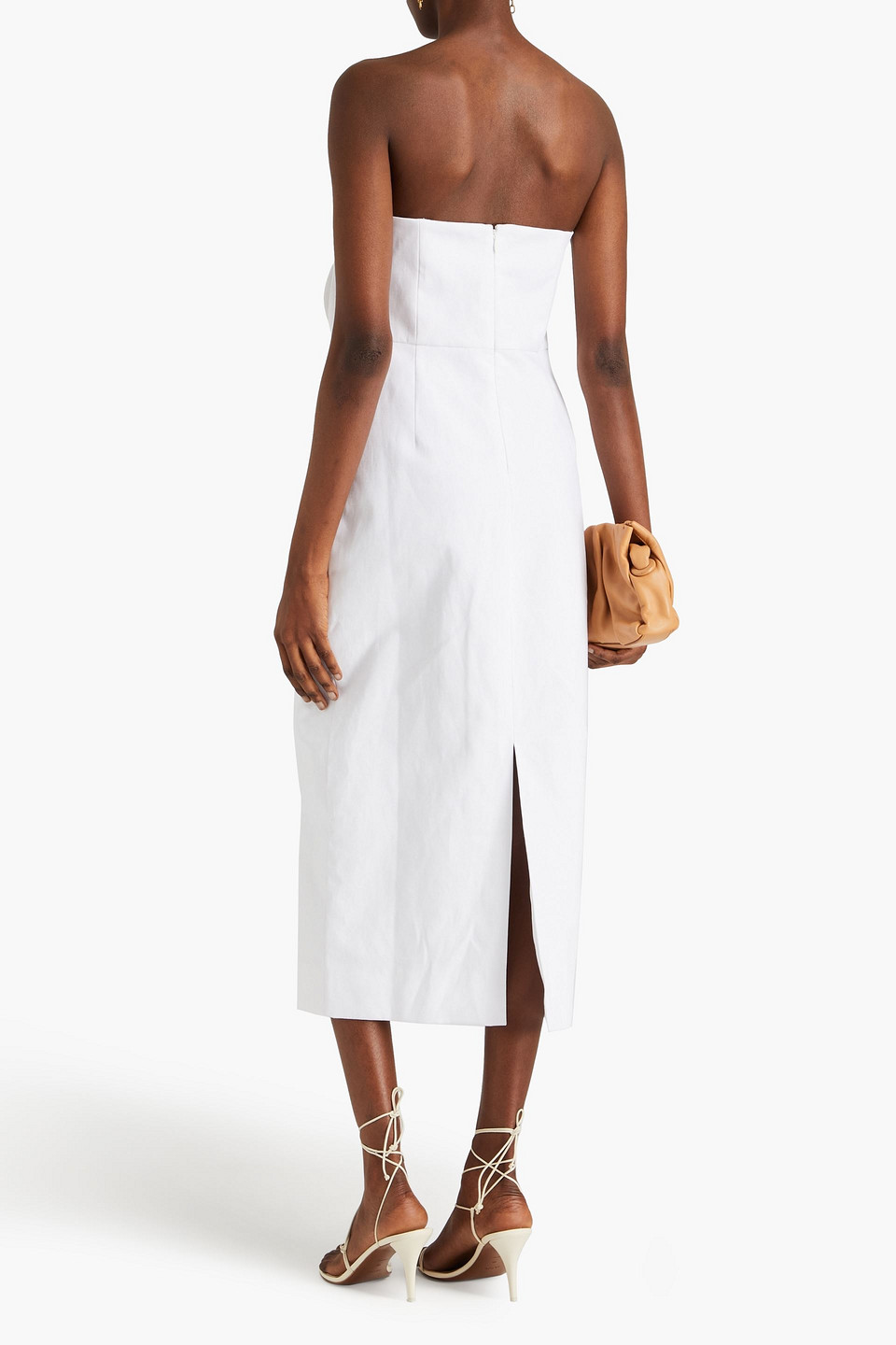 Shop Mara Hoffman Maia Strapless Appliquéd Tencel™and Linen-blend Midi Dress In Off-white