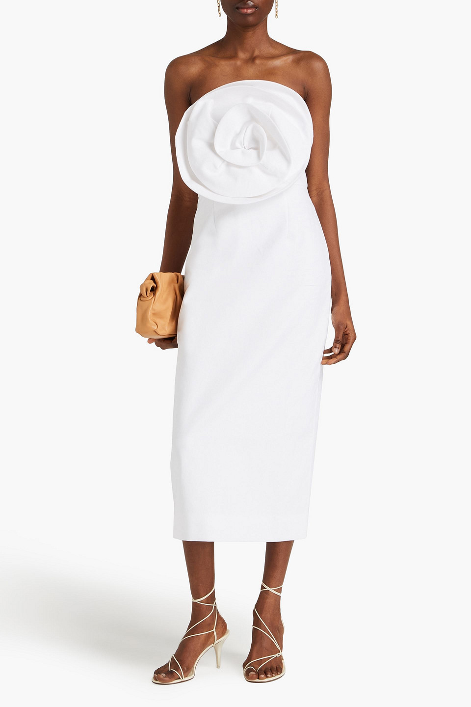 Shop Mara Hoffman Maia Strapless Appliquéd Tencel™and Linen-blend Midi Dress In Off-white