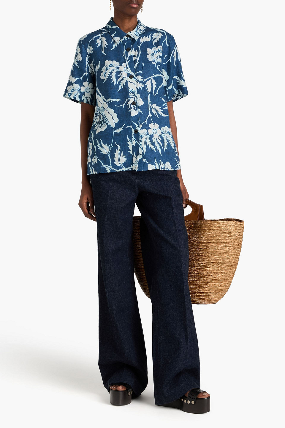 Shop Mara Hoffman Otto Floral-print Hemp Shirt In Navy