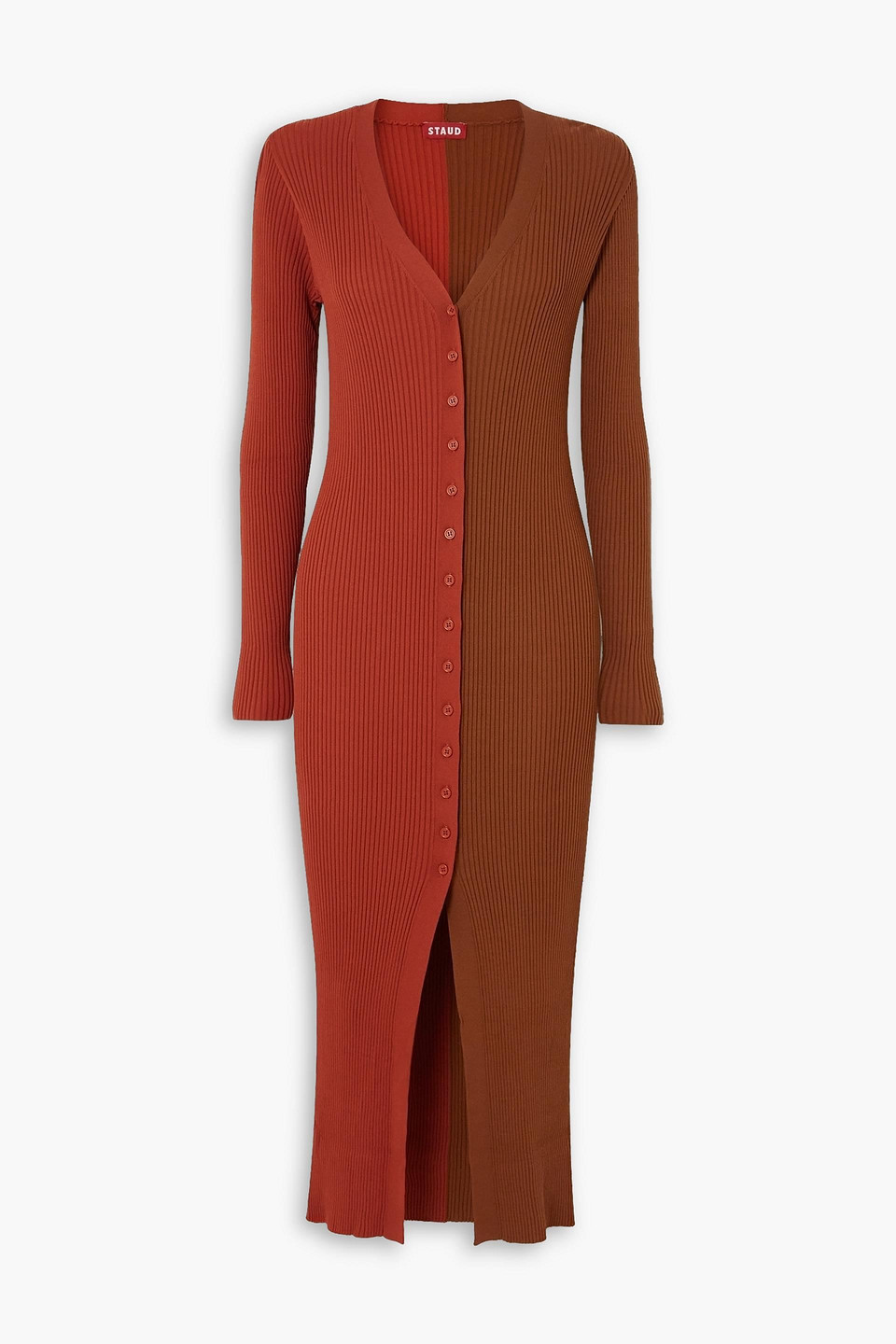 Staud Shoko Two-tone Ribbed Stretch-knit Midi Dress In Brown