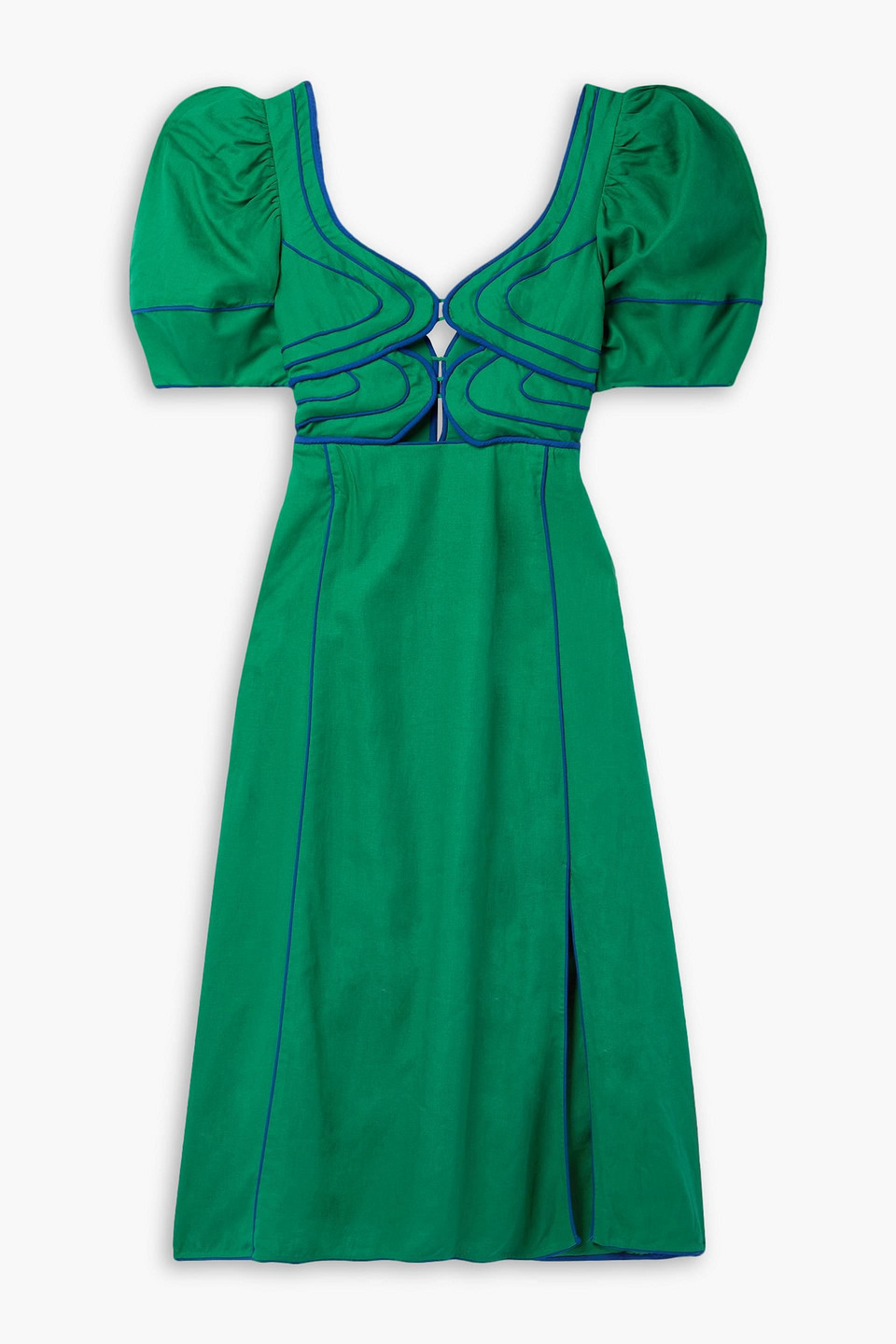Farm Rio Piped Cutout Linen-blend Midi Dress In Green
