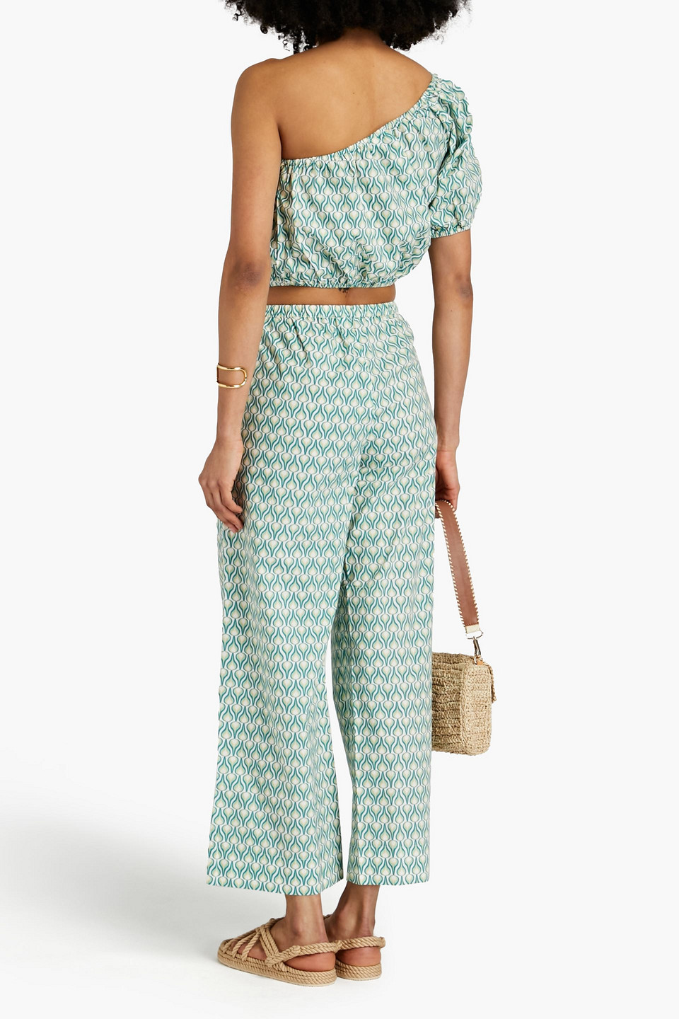 Shop Onia One-shoulder Cropped Printed Cotton-poplin Top In Turquoise