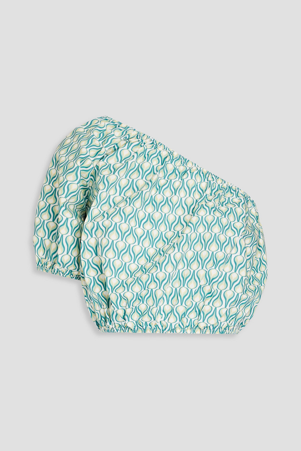 Shop Onia One-shoulder Cropped Printed Cotton-poplin Top In Turquoise