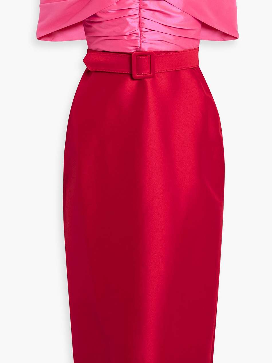 off-the-shoulder two-tone duchesse-satin midi dress